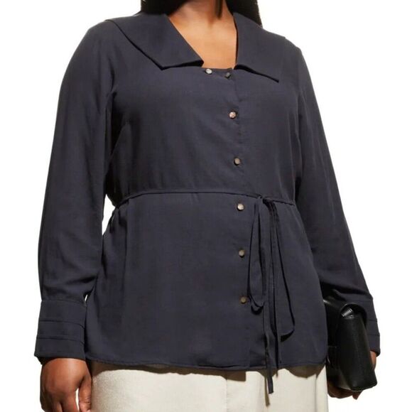 Harshman Navy Blouse XL Plus Size Geneva Belted Button Down Shirt 1X Navy $212